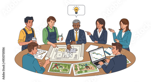 Diverse team brainstorming and planning together around a table with blueprints