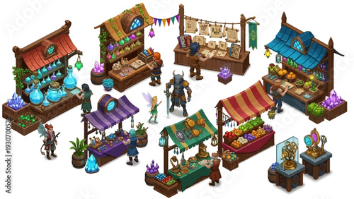 Whimsical Fantasy Market Scene Isometric Game Art Assets
