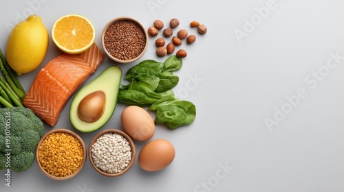 Wallpaper Mural Fresh Ingredients for a Balanced Meal Featuring Fruits, Vegetables, Protein, and Healthy Fats in an Aesthetic Layout Torontodigital.ca