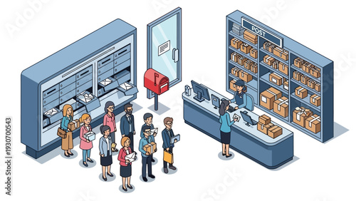 People queue at a post office to send and receive mail and packages.