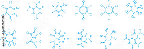 Collection of blurry blue molecular structures on white background