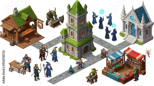 Fantasy isometric game assets: medieval village, characters, buildings, and market stalls.