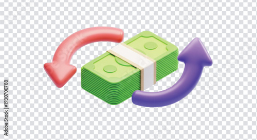 Stack of green dollar banknotes with red and purple rotating arrows representing currency exchange and global money circulation financial transaction 3d image