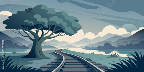 Flat Design Vector Illustration of a Winding Railway Track Leading into a Mountainous Horizon with Ancient Tree