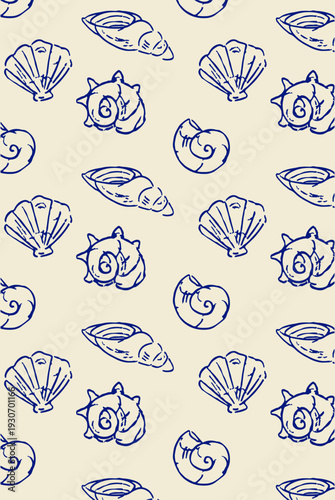Blue sea shells seamless pattern with hand drawn vector illustrations in grunge chalk or charcoal rough doodle sketch style for nautical summer print