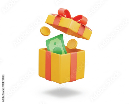 Opened gift box with money flying out 3d render illustration, levitation isolated on white background, design element