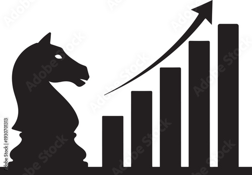 Chess Knight Strategy with Rising Bar Graph – Business Growth and Success Concept Vector, Chess knight piece with an upward-trending bar chart, symbolizing business strategy and growth.