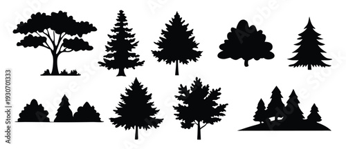 forest landscape silhouettes set isolated flat illustration 