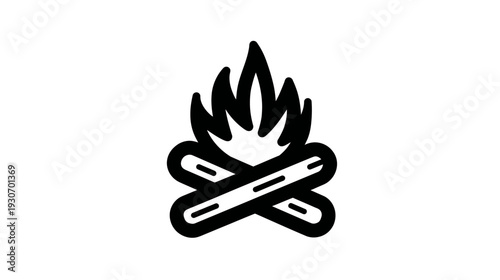 A simplified, monochrome illustration of a campfire, featuring flames rising above crossed logs
