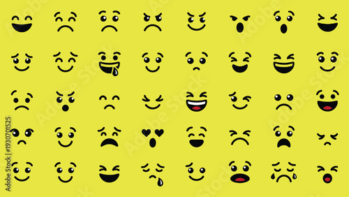 Vector illustration set of yellow smiley memo notes balloons and expressive cartoon faces with different emotions
