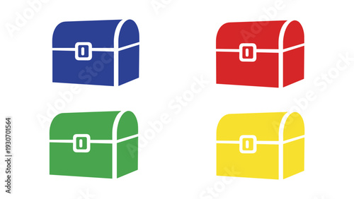 Four colorful treasure chests with unique lids displayed in a grid pattern