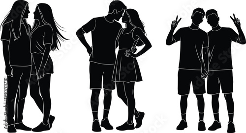 Black silhouette vector set of diverse couples including heterosexual and same sex partners representing love romance friendship lgbtq pride and young adult relationships