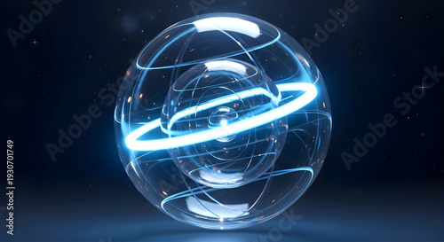 A futuristic transparent sphere with glowing blue neon rings and wires, representing technology and innovation, viewed from a slight angle in a dark environment.