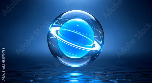 A blue glowing orb with a swirling ring floats above a reflective blue surface surrounded by a dark blue gradient background viewed from a slightly elevated angle