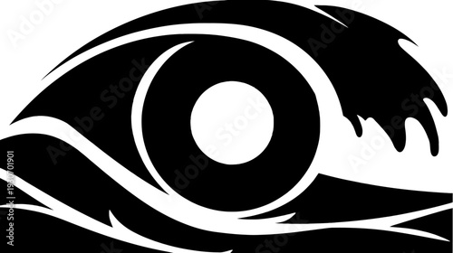 A stylized eye graphic, featuring swirling lines and a central pupil in high contrast