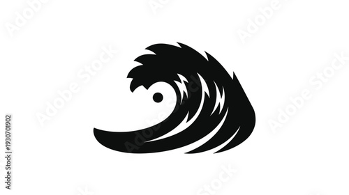 A stylized black and white illustration depicts a cresting wave shape, set against a blank backdrop