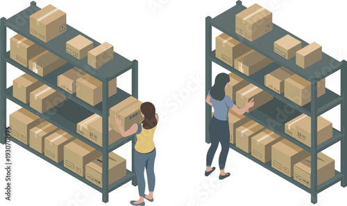 Isometric warehouse inventory management illustration, workers organizing cardboard boxes on storage shelves in logistics distribution center