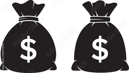 Money Bag Icon with Dollar Symbol – Black and White Finance Investment Vector, Simple black and white illustration of a bag with a dollar sign on it
