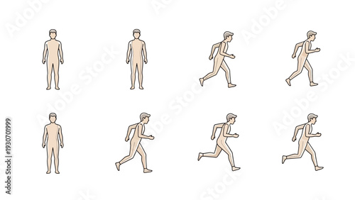Sequence of human figures depicting movement and activity on white background