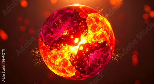 A vibrant, fiery, molten sphere glows intensely with erupting flames and lava flows in a dynamic, abstract, cosmic, fiery scene from a close-up viewpoint with intense heat and energy.
