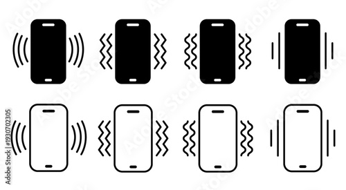 Canvastavla Set of ringing smartphone icons, vibrating mobile phones in black solid and outl