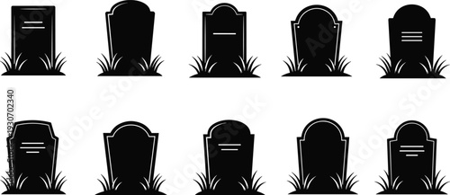 Black silhouette vector set of various tombstone shapes with grass for cemetery graveyard halloween decoration mourning memorial funeral and spooky horror design elements