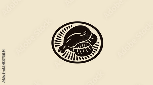 A monochrome circular illustration, showcasing a stylized chicken piece and a small side dish