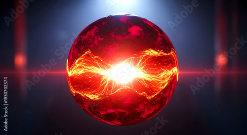 Glowing red sphere with vibrant energy pulses surrounded by dark ambiance and subtle lighting effects from an elevated viewpoint