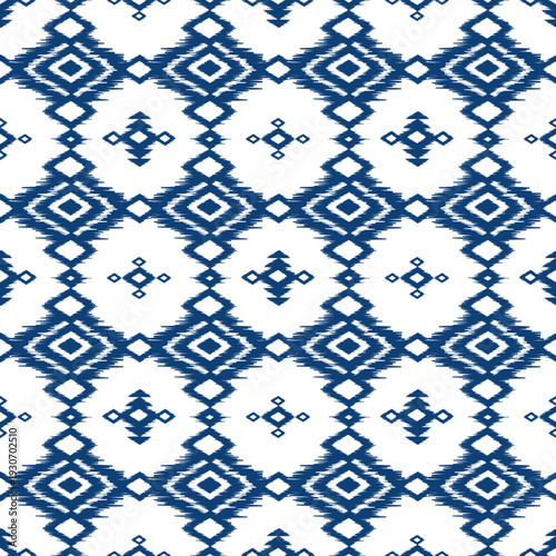 Ethnic ikat blue square dye yarns weaving seamless pattern. Vector hand drawn craftsmanship embroidery bohemian, abstract square geographic art fabric ikat textile material design for clothing
