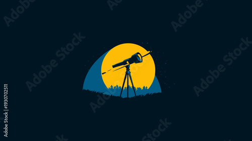 A silhouette illustration of a telescope, viewing a bright celestial body at night