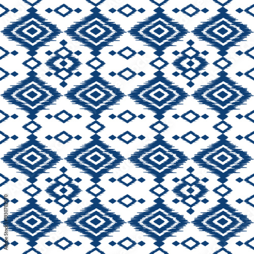 Ethnic ikat blue square dye yarns weaving seamless pattern. Vector hand drawn craftsmanship embroidery bohemian, abstract square geographic art fabric ikat textile material design for clothing