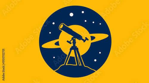 A celestial illustration featuring a telescope, planets, stars, and a night sky scene