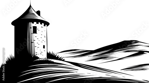 A monochrome illustration of a castle tower with a conical roof on a hill with abstract mountains in the distance