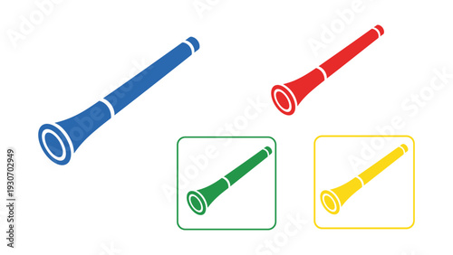 Four stylized musical instruments resembling brass wind instruments in different colors