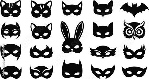 Black silhouette vector set of animal masks including cat rabbit owl and bat for masquerade parties halloween costumes carnival celebrations and kids superhero roleplay