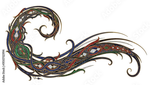 Vibrant Celtic knotwork pattern with rich colors and intricate ornamental swirls.