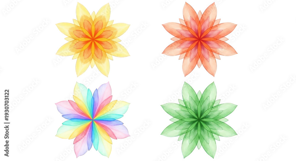 Obraz premium Four colorful flowers isolated on transparent background