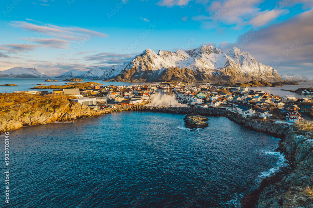 Fototapeta premium Aerial view of winter landscape in Lofted Islands