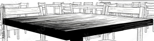 Stylized black and white illustration of an empty restaurant or cafe interior with wooden tables and chairs