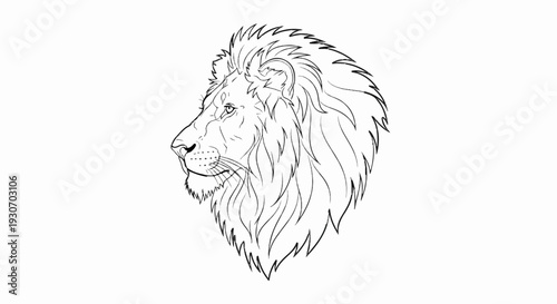 Stylized black and white line art depiction of a majestic lion's head facing left