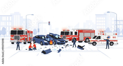 Emergency Vehicles at Car Crash Scene.