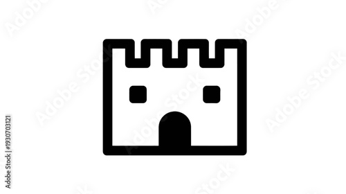 A simplified illustration of a castle with crenellations, two windows, and an arched entrance