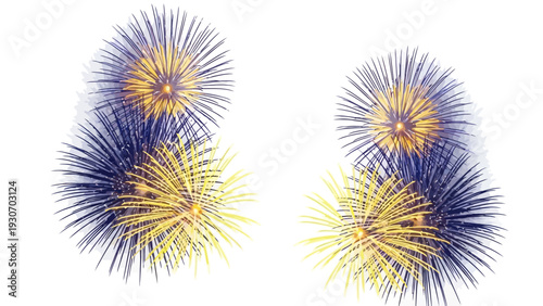 Bright fireworks explode in blue and yellow against a white background
