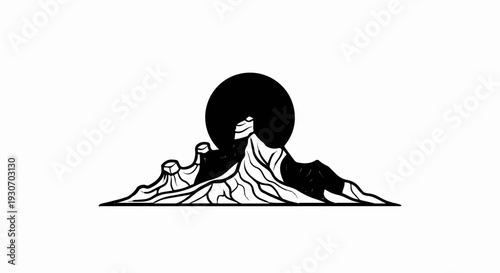 Stylized black and white mountain range silhouette behind a solid black circle