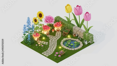 Enchanted fairy tale garden with mushroom houses and blooming flowers.