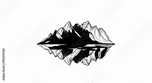 Stylized black and white sketch of rugged mountains reflected in still water