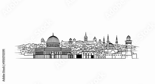 Stylized black and white skyline of an ancient city with domes and minarets