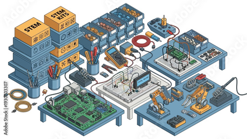 Detailed illustration of a STEM education workshop with electronics, robotics, and prototyping