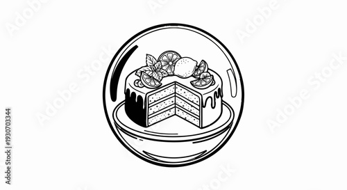 Stylized circular illustration of a layered cake with citrus and mint decoration