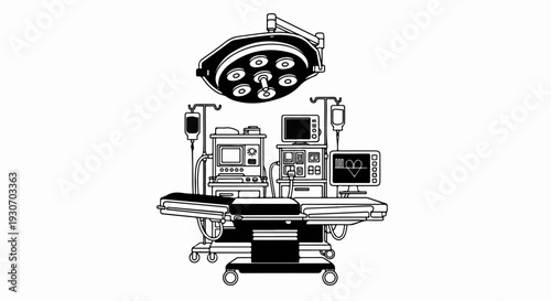 Surgical operating room equipment illustration, including a table, lights, and monitors